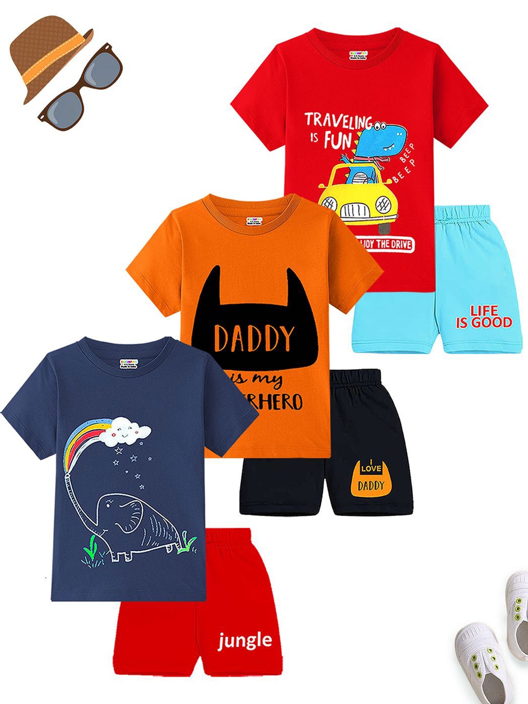 

KUCHIPOO Boys Pack Of 3 Round Neck Printed T-shirt With Shorts, Orange