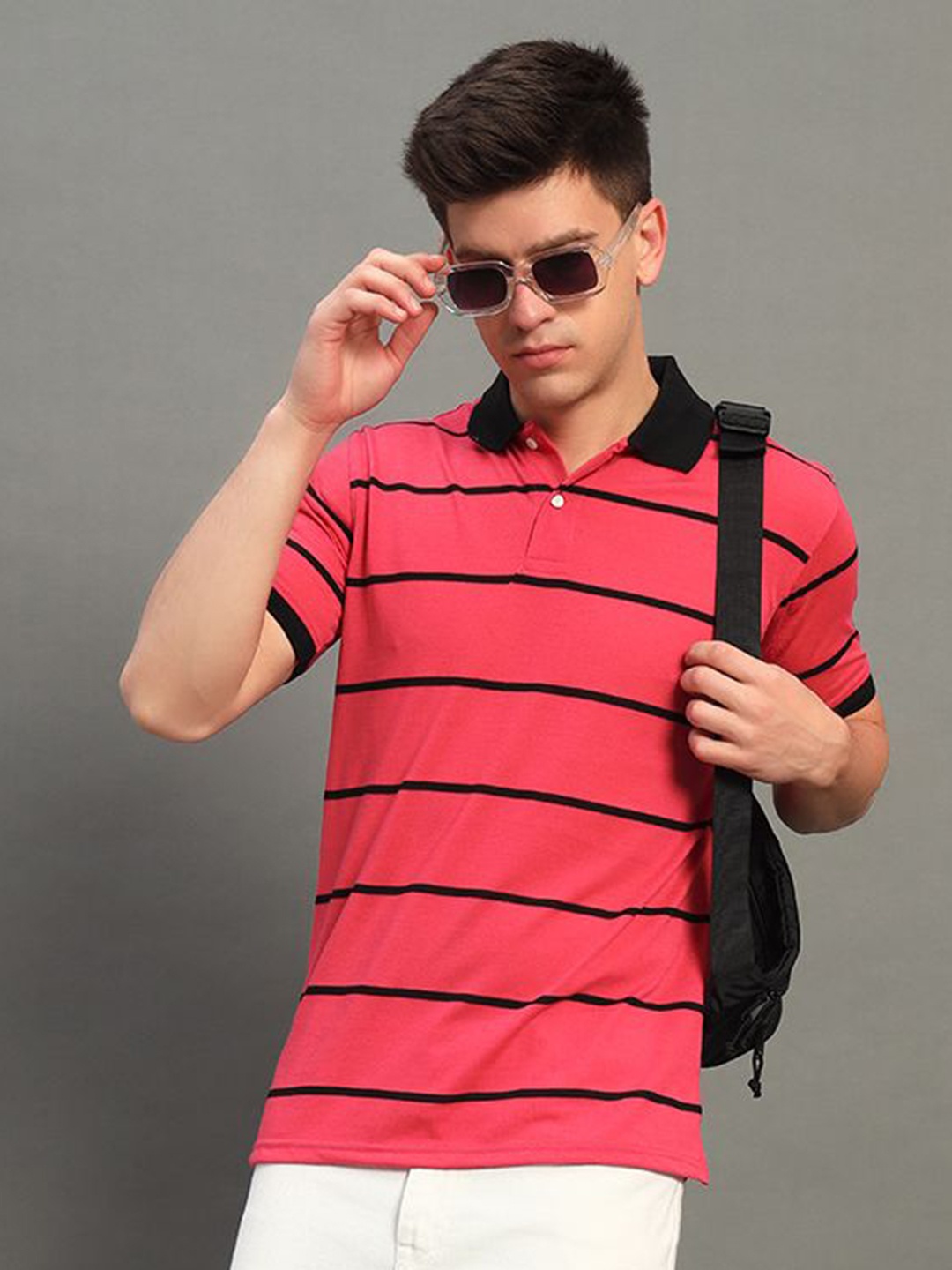 

GET GOLF Men Striped Polo Collar Cotton T-shirt, Fuchsia