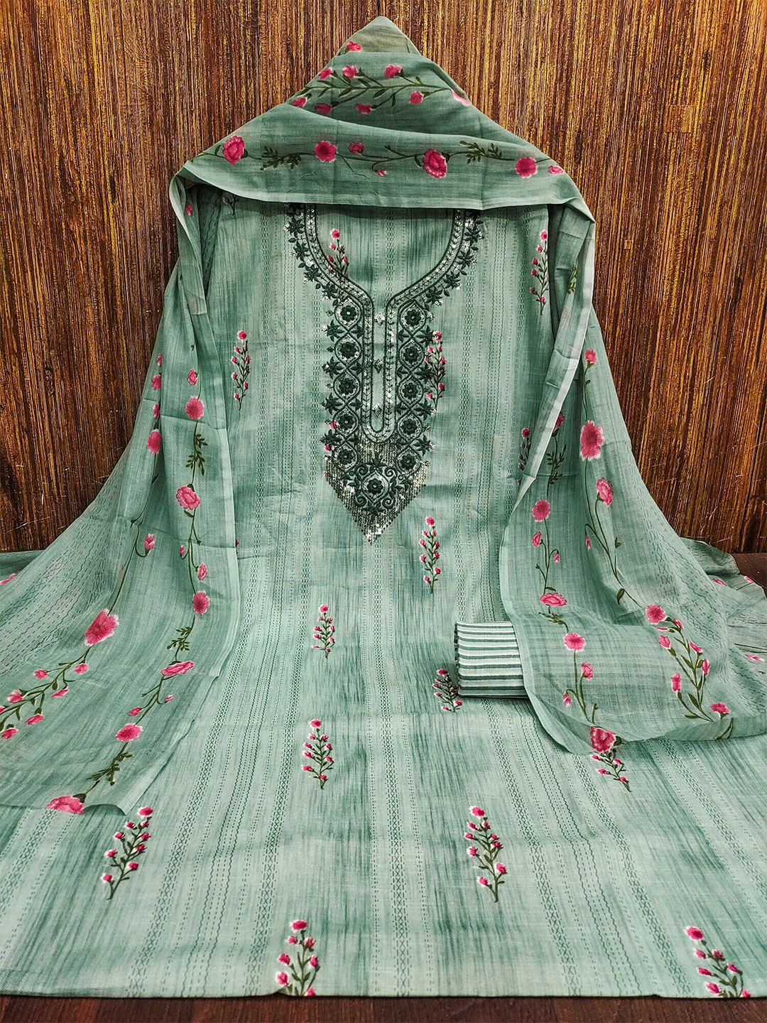 

SHADOW & SAINING Floral Embroidered Sequinned Pure Cotton Unstitched Dress Material, Sea green