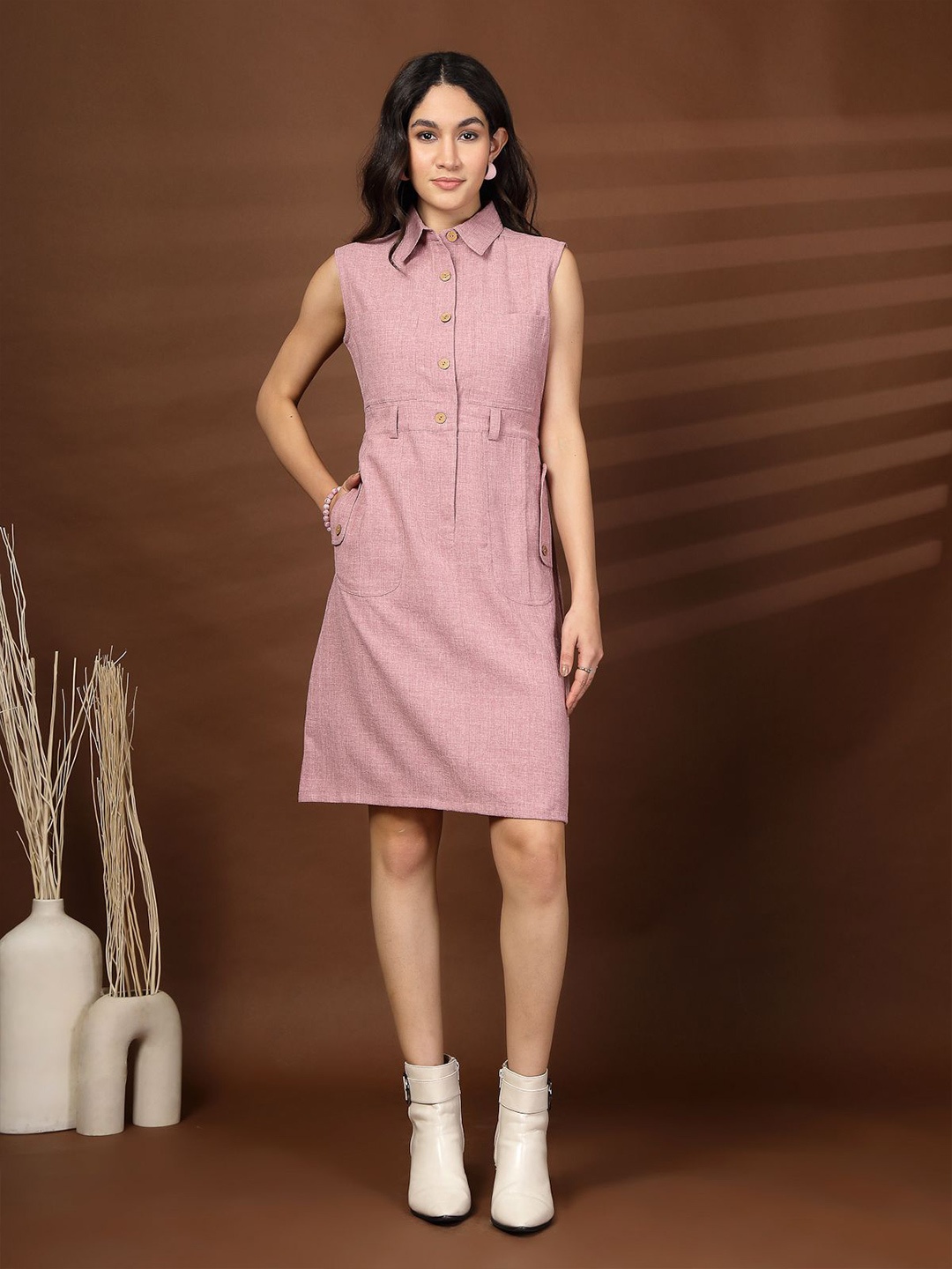 

plusS Women Cotton Shirt Dress, Peach