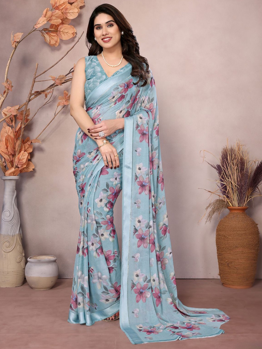 

Odette Light Blue Satin Printed Saree With Unstitched Blouse For Women