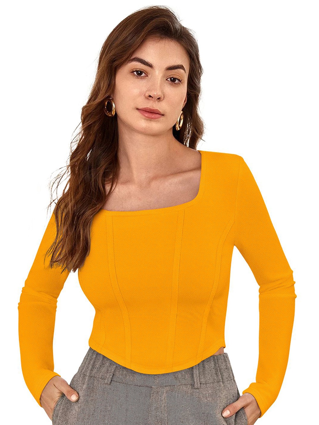

S.K.C Solid Square Neck Top, Yellow