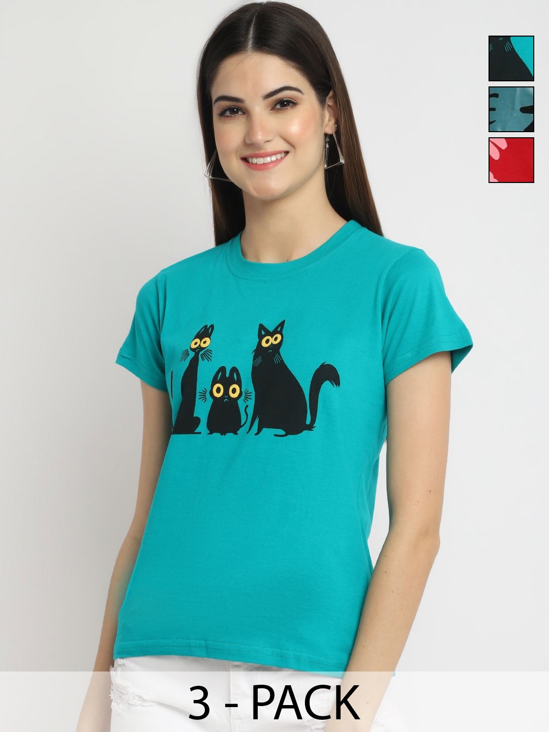 

Dreambe Women Pack of 3 Graphic Printed Round Neck Cotton T-shirts, Teal