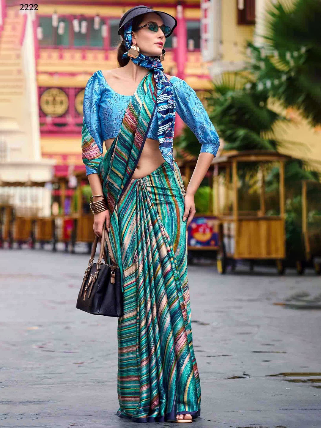 

Blissta Floral Printed Satin Saree, Green