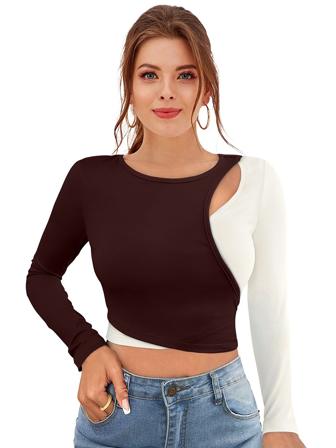 

S.K.C Solid Round Neck Crop Top, Coffee brown