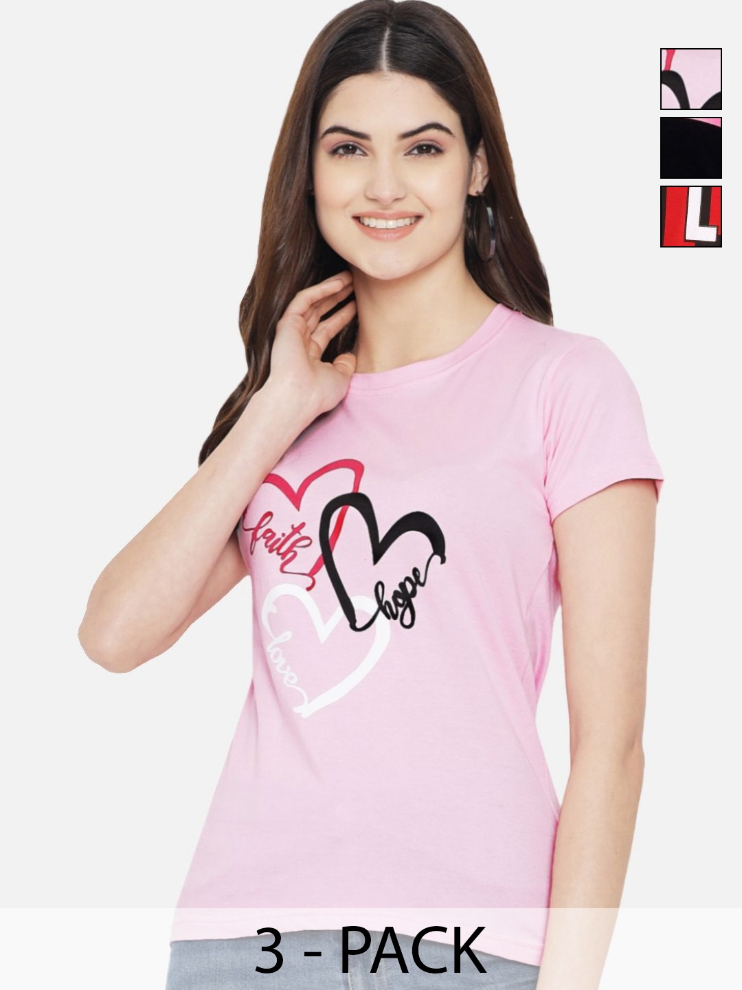 

Dreambe Women Pack of 3 Typography Printed Round Neck Cotton T-shirts, Pink