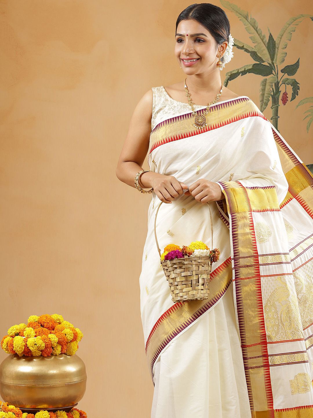 

Kalyan Silks Woven Design Zari Pure Cotton Kasavu Saree, Off white