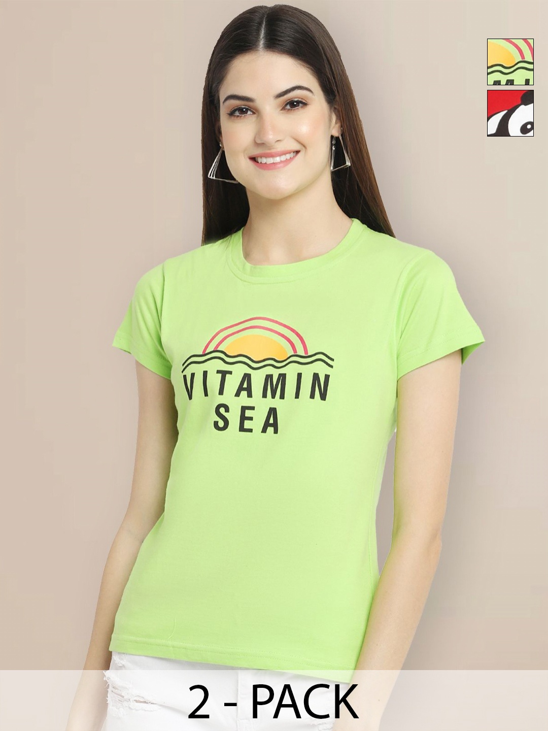 

GLOBAL NOMAD Women Pack of 2 Typography Printed Round Neck Cotton T-shirts, Green