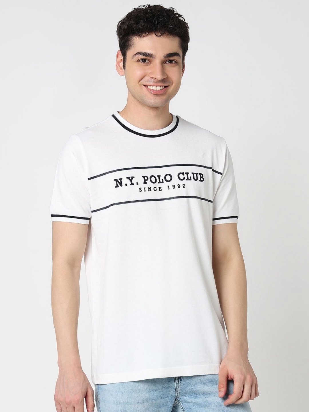 

R&B Men Typography Embroidered Cotton T-shirt, White