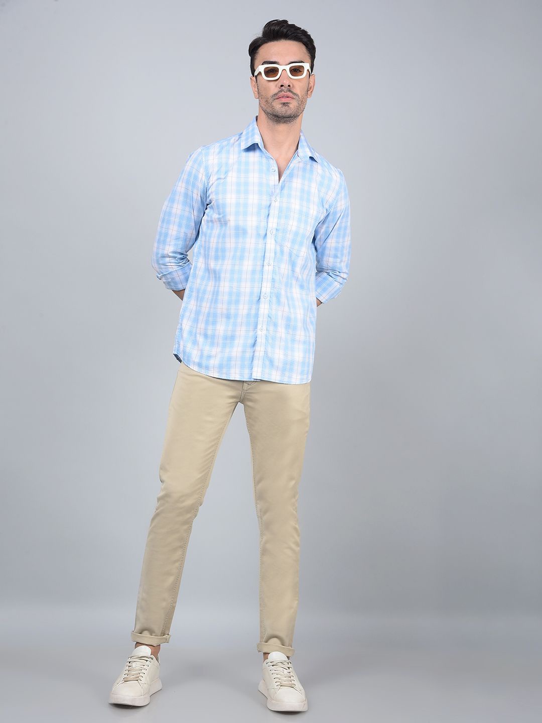 

Crimsoune Club Men Classic Slim Fit Tartan Checked Cotton Casual Shirt, Blue