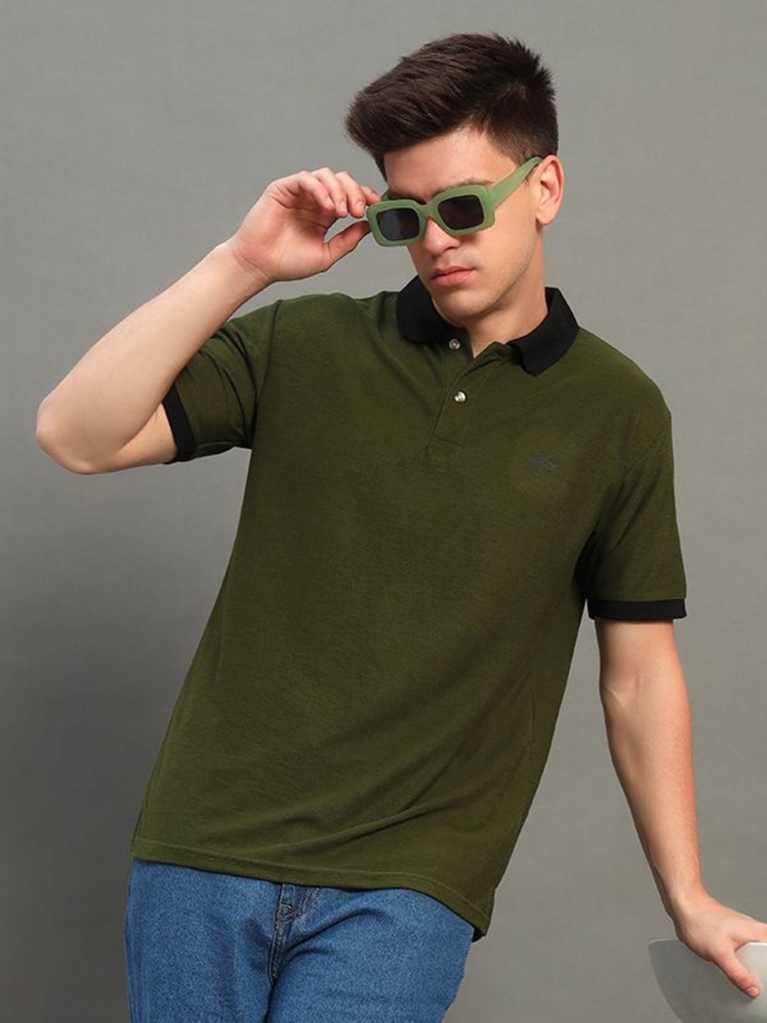 

GET GOLF Men Solid Polo Collar Cotton T-shirt, Olive