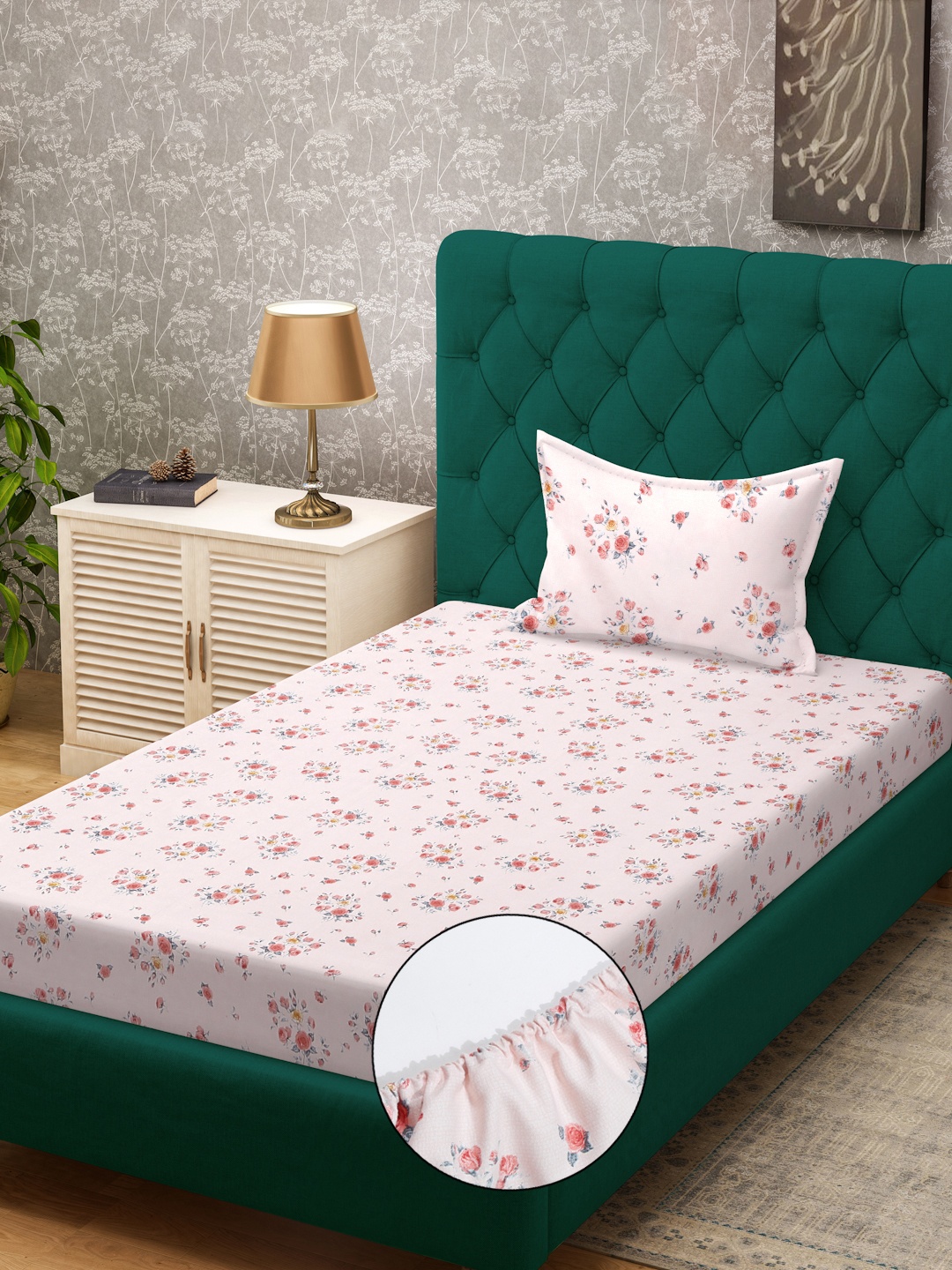 

KLOTTHE Pink & Grey Floral Printed 300 TC Fitted Single Bedsheet - 2.25 m x 1.50 m