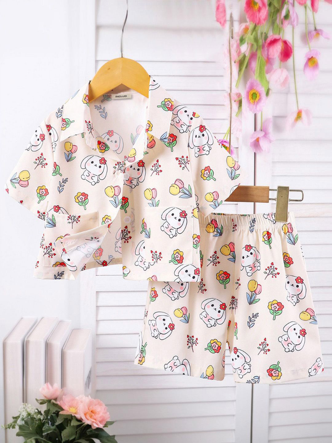 

INCLUD Girls Cartoon Printed Shirt With Shorts, Cream