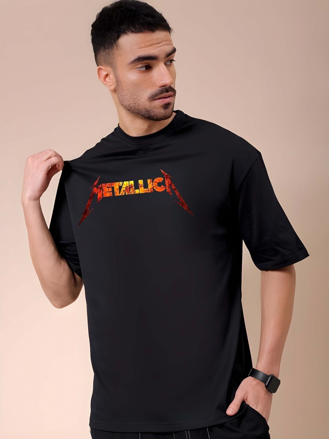 

THE BEETEL HOUSE Men Graphic Printed Round Neck Cotton Oversized T-shirt, Black