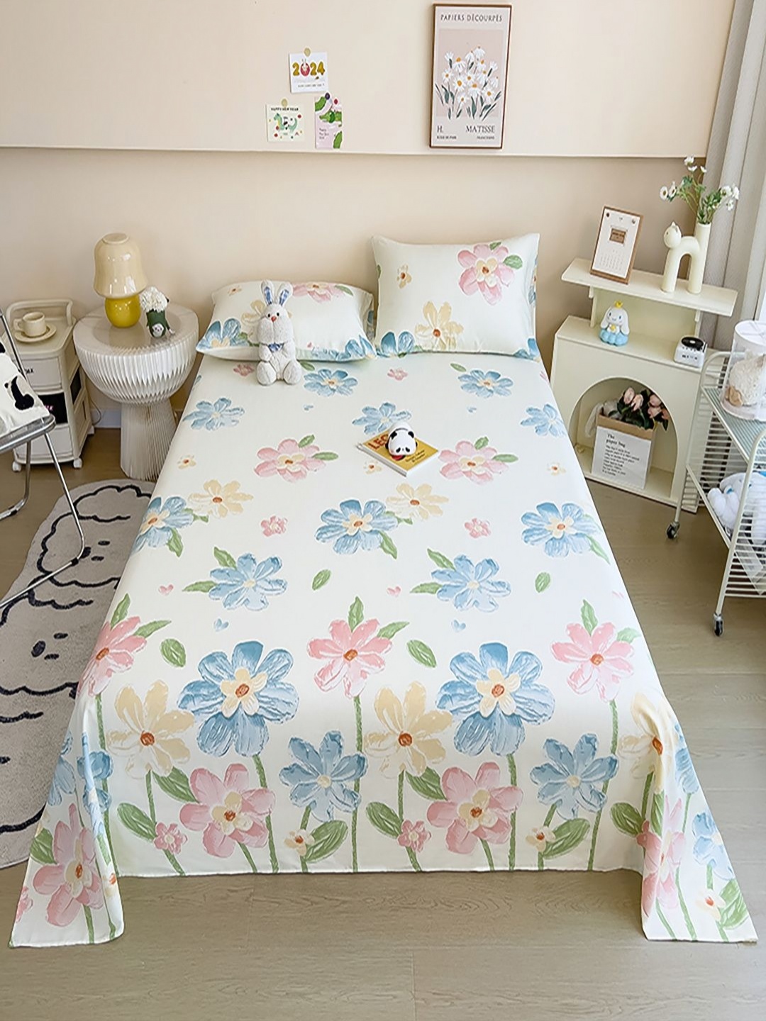 

JC HOME White & Pink Floral Printed Pure Cotton 220 TC King Bedsheet Set 2.3 m x 2.50 m