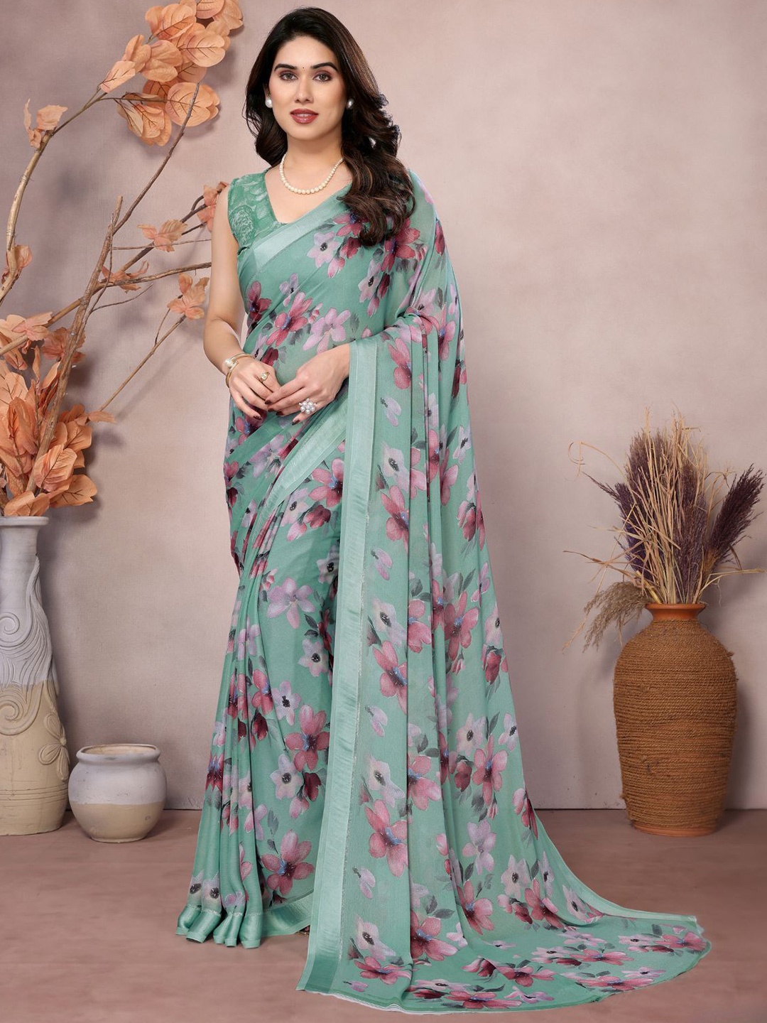 

ODETTE Satin Printed Saree With Unstitched Blouse For Women, Sea green