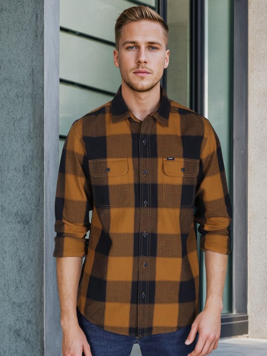 

Lee Men Regular Fit Spread Collar Checked Cotton Casual Shirt, Brown