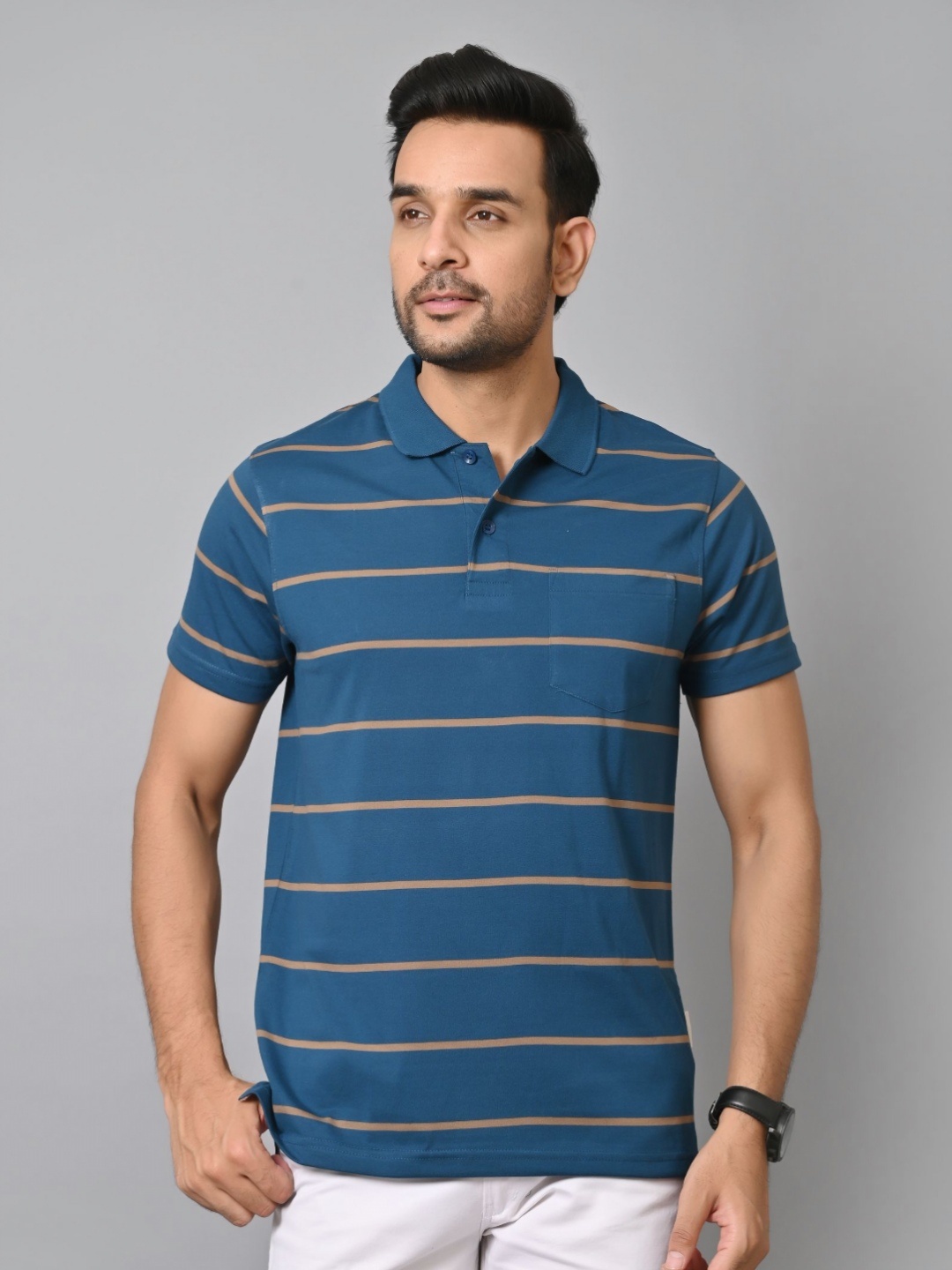 

ARBOUR Men Striped Polo Collar Cotton Slim Fit T-shirt, Blue