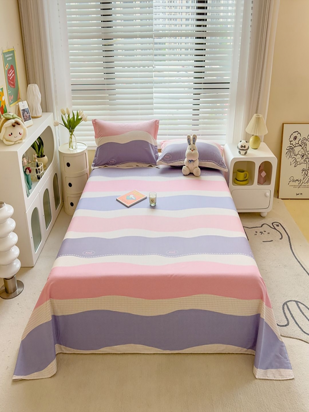 

JC HOME Pink & Blue Striped Pure Cotton 220 TC King Bedsheet Set 2.00 m x 2.30 m