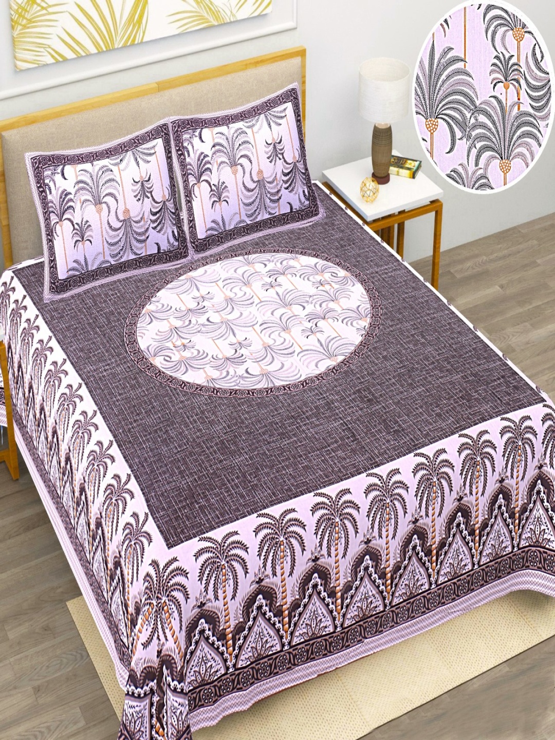 

BharatLinen Purple & Grey Ethnic Motifs 210 TC King Bedsheet with 2 Pillow Covers