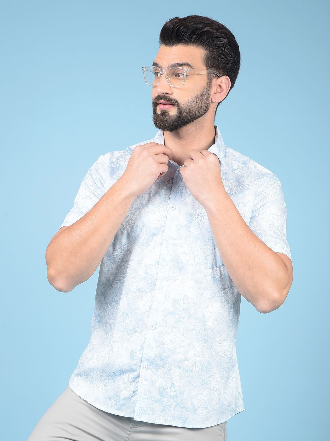 

Crimsoune Club Men Classic Slim Fit Floral Printed Casual Shirt, Blue