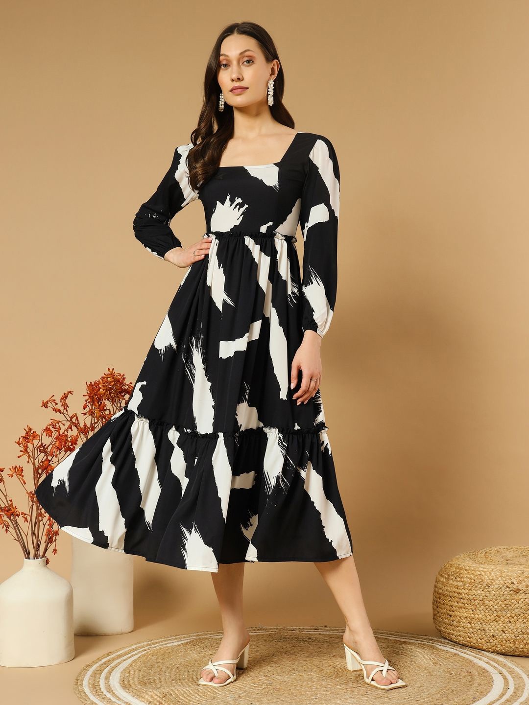 

OTABU women Abstract Print Square Neck Midi Fit & Flare Dress, Black