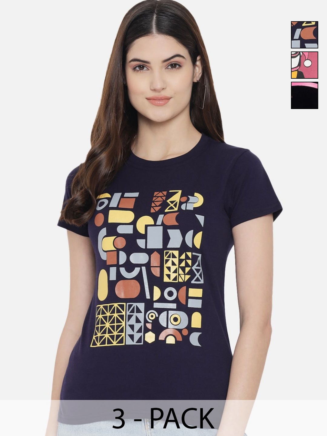 

Dreambe Women Pack of 3 Geometric Printed Round Neck Cotton T-shirts, Navy blue