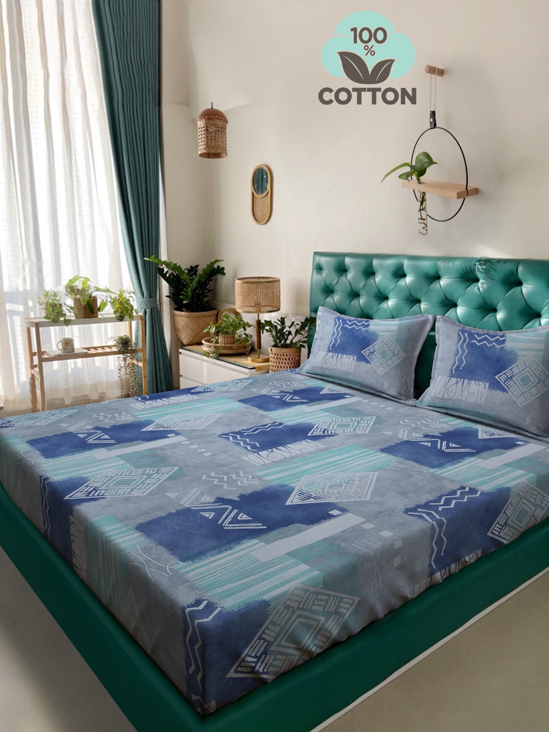 

Myntra Elegant Homes Blue Geometric 400 TC King Bedsheet with 2 Pillow Covers