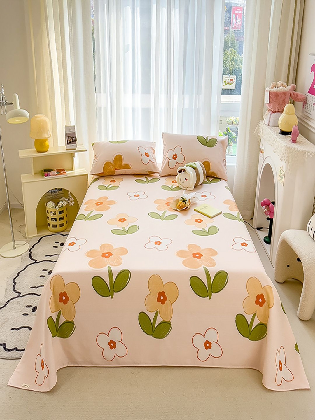 

JC HOME Yellow & Green Floral Printed 140 TC Single Size Bedsheet Set