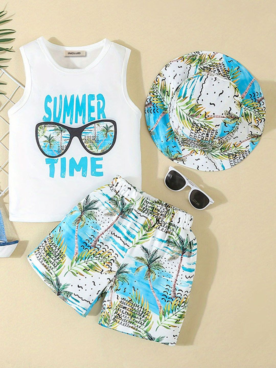 

INCLUD Boys Tropical Printed Sleeveless T-shirt With Shorts, White