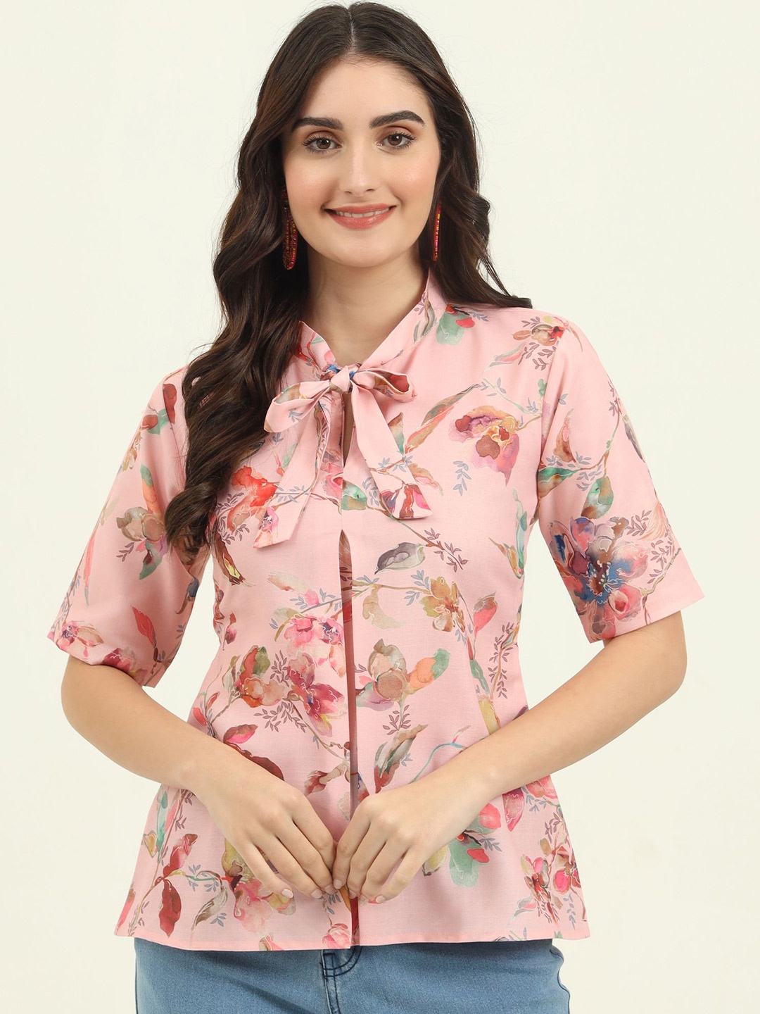 

REVOSAA Women Floral Printed Tie-Up Neck Regular Straight Kurti, Pink