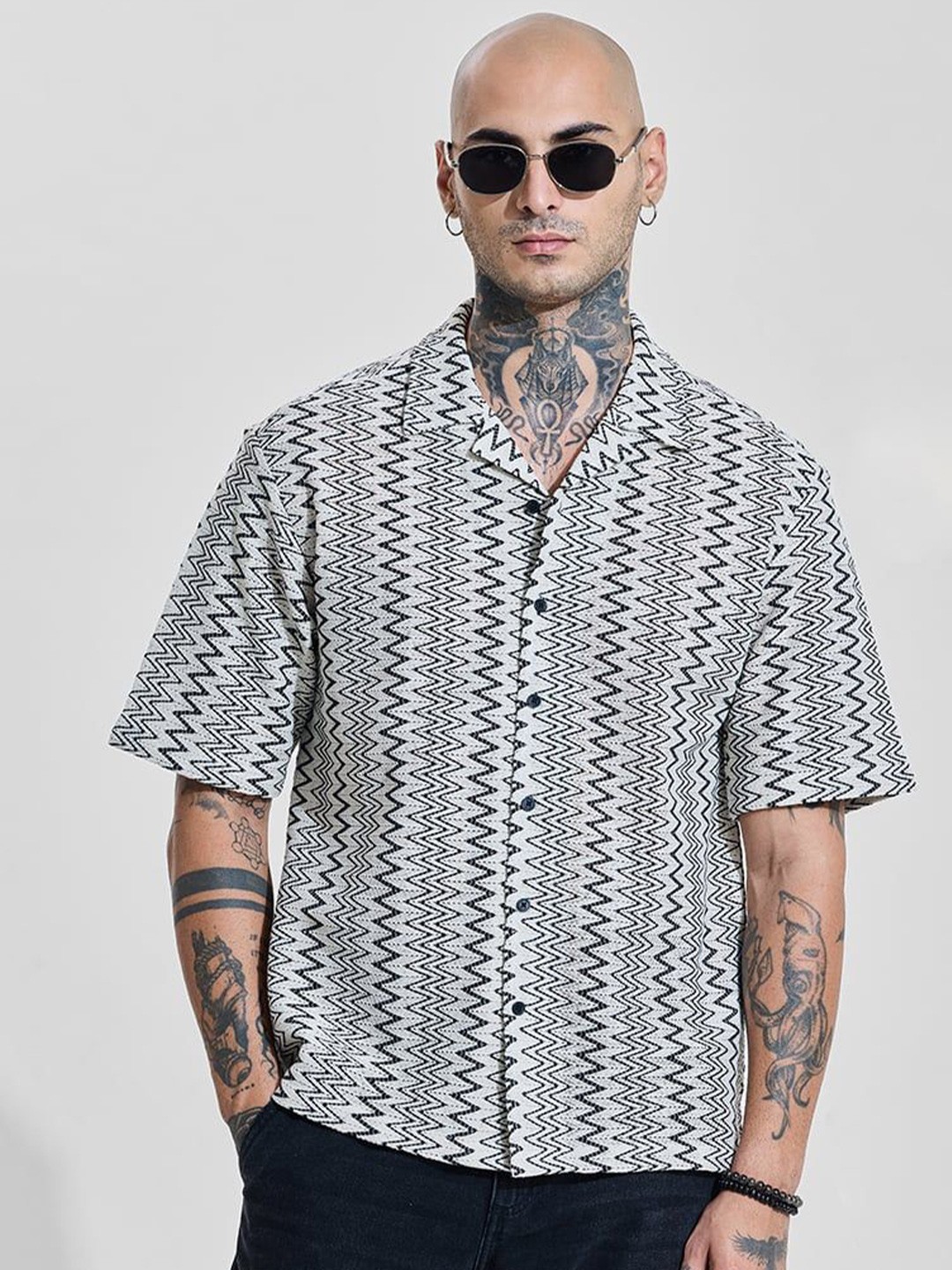 

Snitch Men Relaxed Oversized Fit Cuban Collar Textured Cotton Casual Shirt, Off white