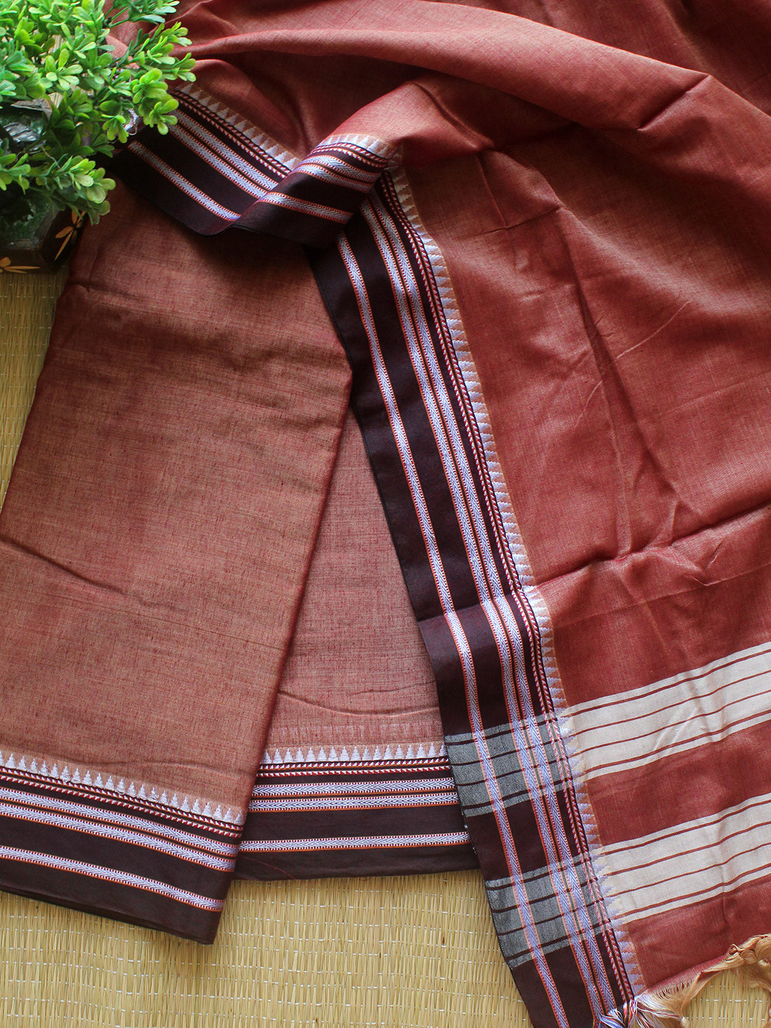 

Weaves of Tradition Ethnic Motifs Woven Design Zari Pure Cotton Unstitched Dress Material, Brown