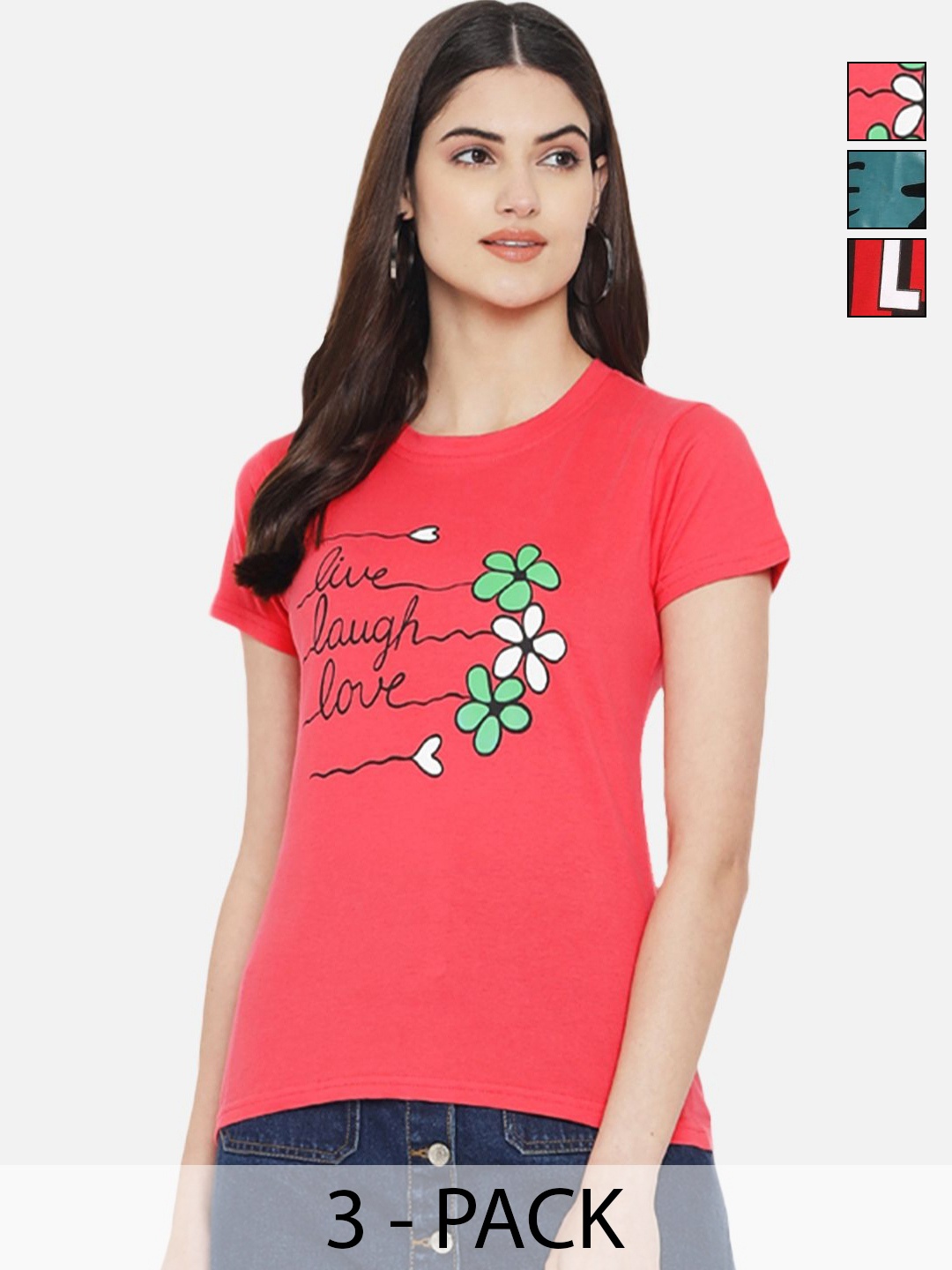 

Dreambe Women Pack of 3 Typography Printed Round Neck Cotton T-shirts, Pink
