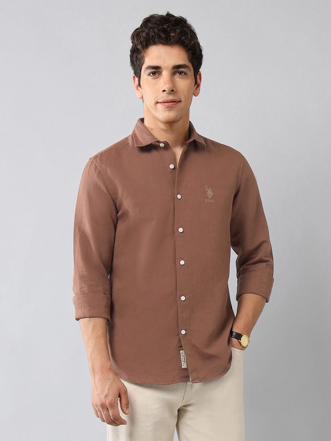 

U.S. Polo Assn. Denim Co. Men Classic Regular Fit Spread Collar Solid Linen Casual Shirt, Mauve