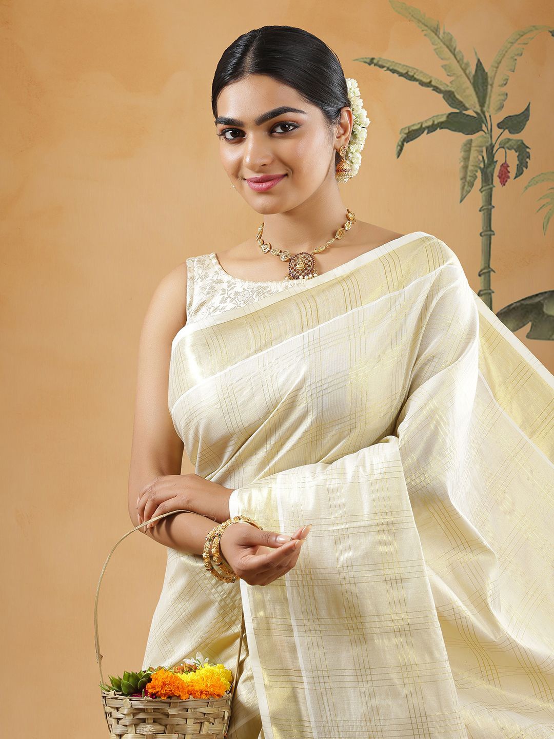 

Kalyan Silks Woven Design Zari Kasavu Saree, Gold