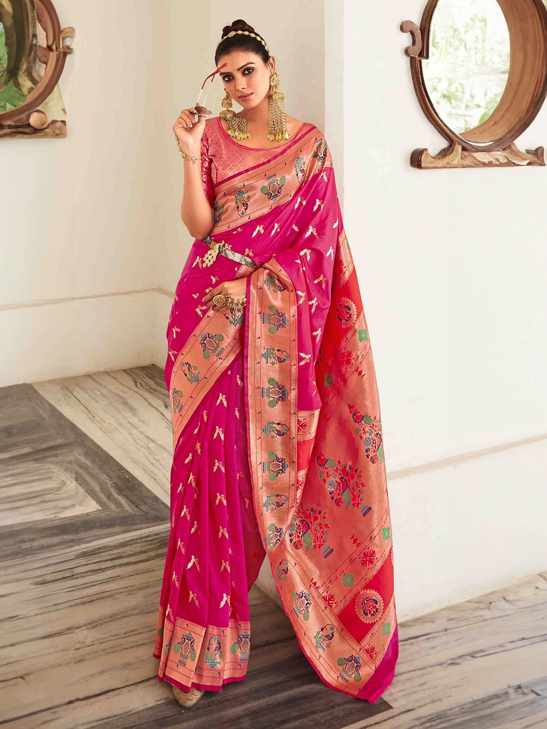 

KIMISHA Woven Design Zari Pure Georgette Paithani Saree, Pink