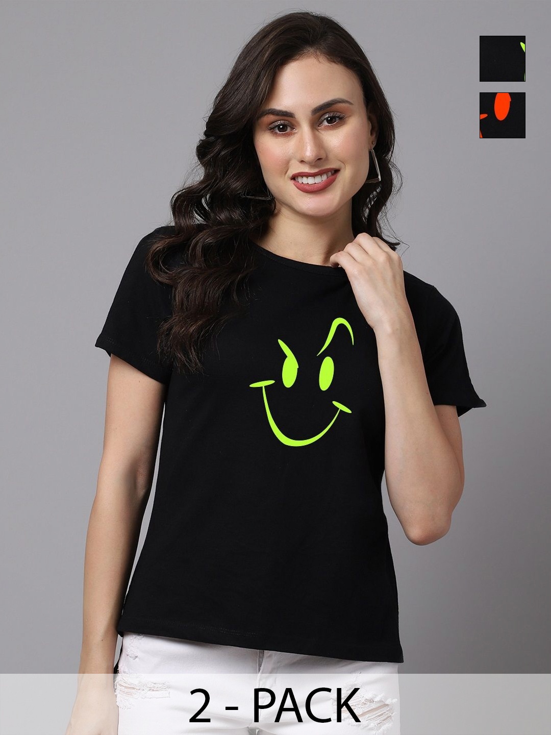 

Friskers Women Pack Of 2 Graphic Printed Round Neck Cotton T-shirts, Black
