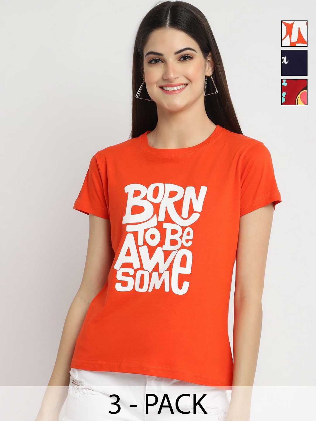 

Dreambe Women Pack of 3 Typography Printed Round Neck Cotton T-shirts, Orange