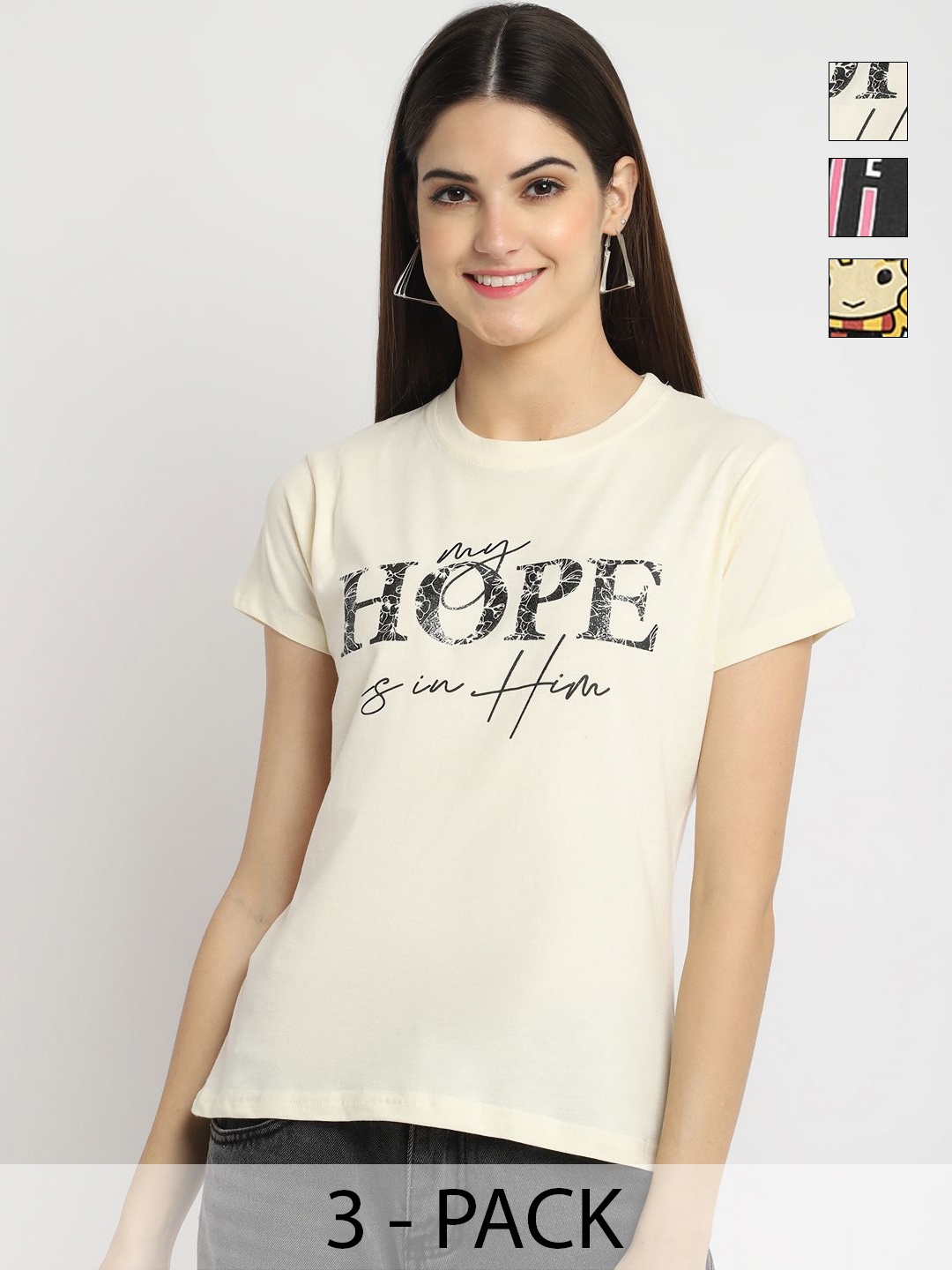 

Dreambe Women Pack of 3 Typography Printed Round Neck Cotton T-shirts, Cream