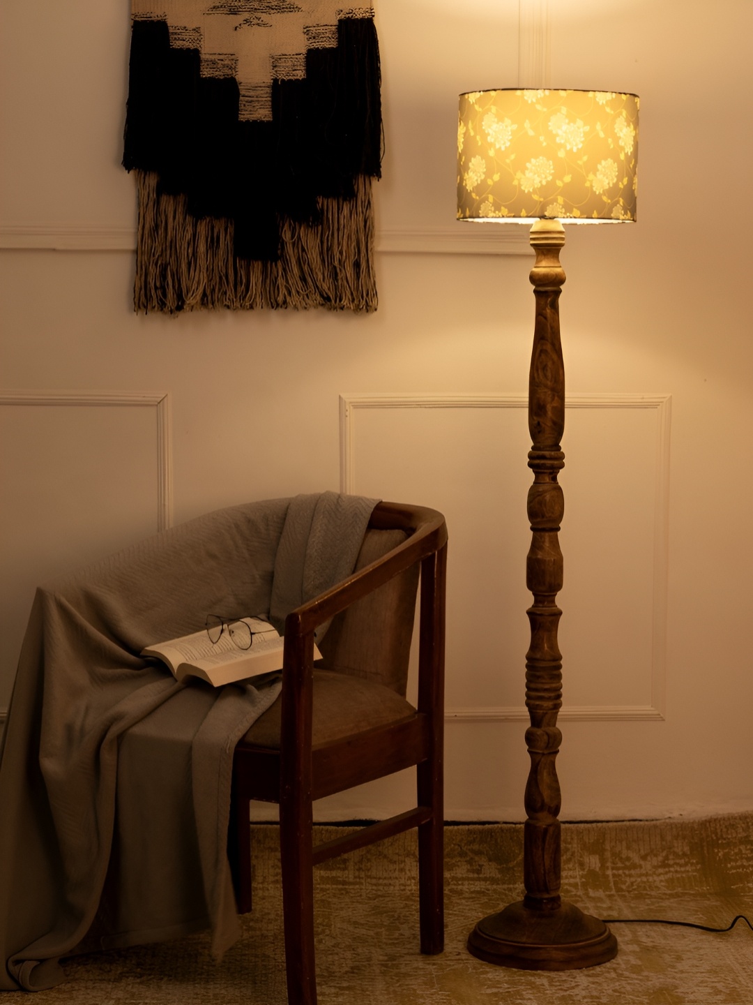 

green girgit Brown & White Printed Wooden Cylinder Shaped Floor Lamp