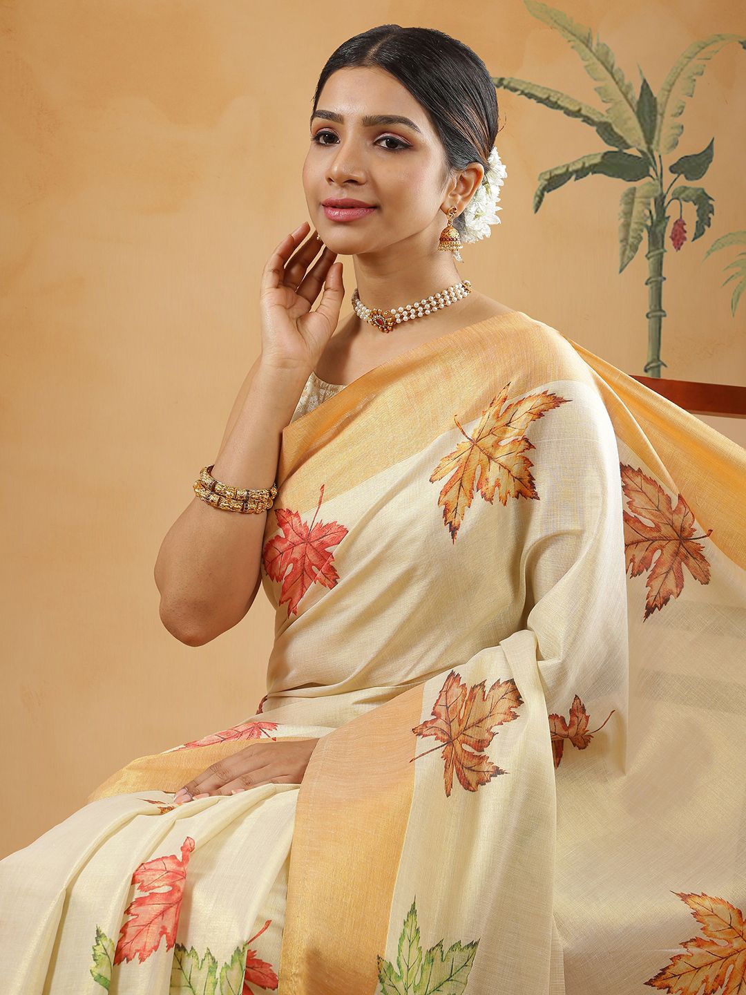 

Kalyan Silks Abstract Printed Zari Kasavu Saree, Cream