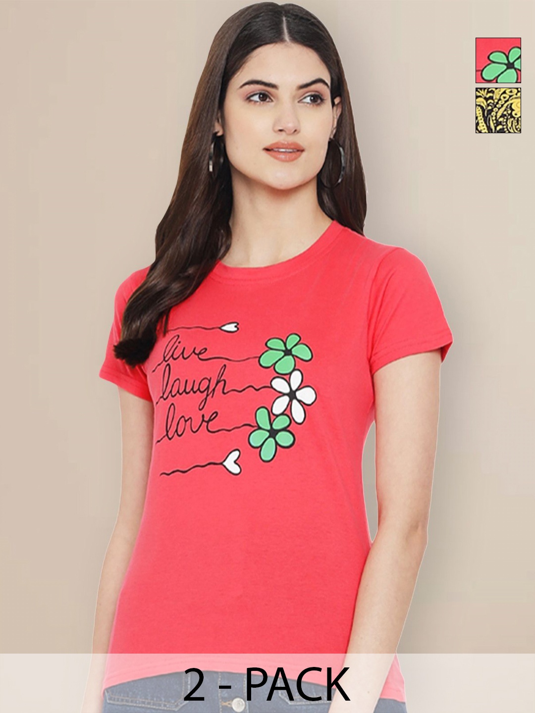 

GLOBAL NOMAD Pack Of 2 Typography Printed Cotton T-shirt, Pink