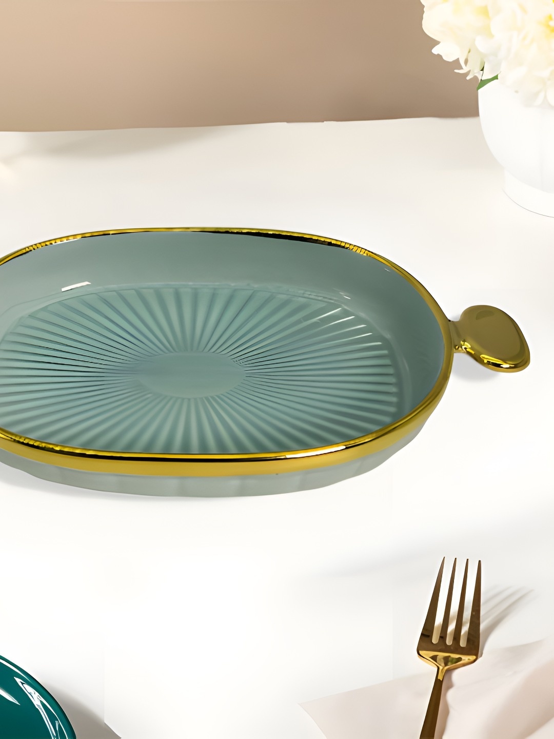 LEMONTREE Blue & Gold Toned Ceramic Easy to Clean Food Platter