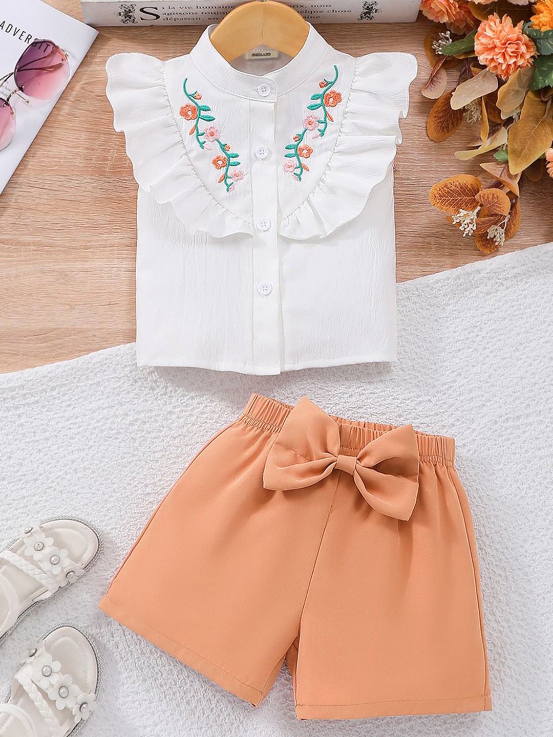 

INCLUD Girls Floral Embroidered Mandarin Collar Top With Shorts, White