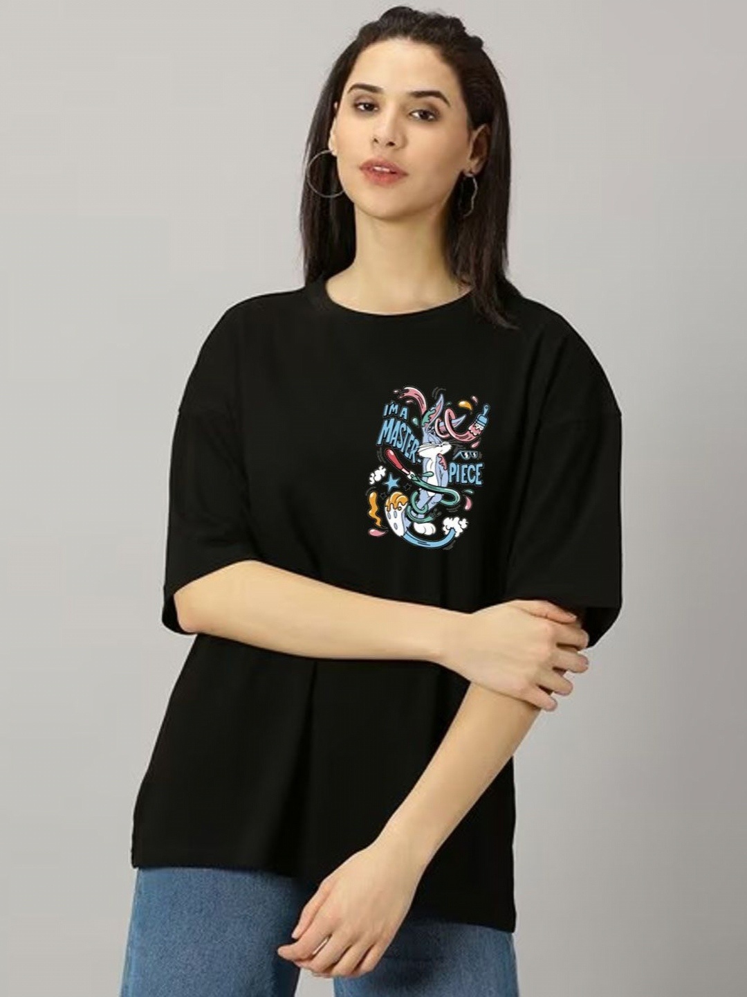 

Kushi Flyer Women Graphic Printed Round Neck Cotton Oversized T-shirt, Black