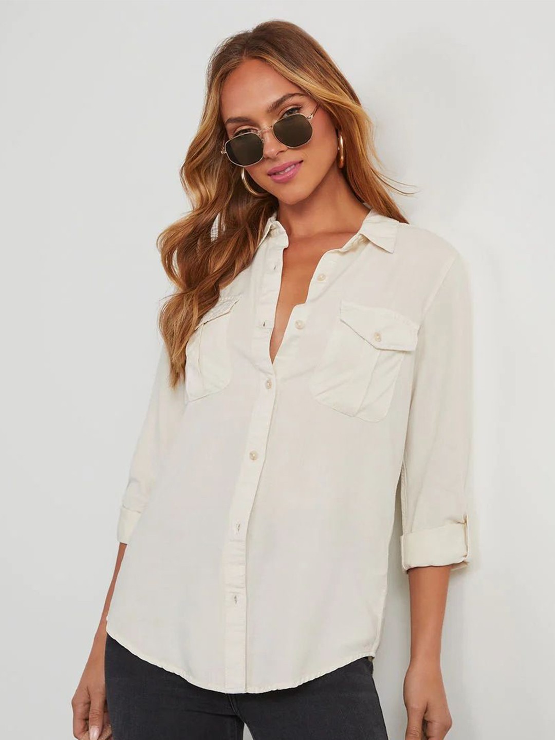 

StyleCast Women Regular Fit Spread Collar Solid Cotton Casual Shirt, Cream