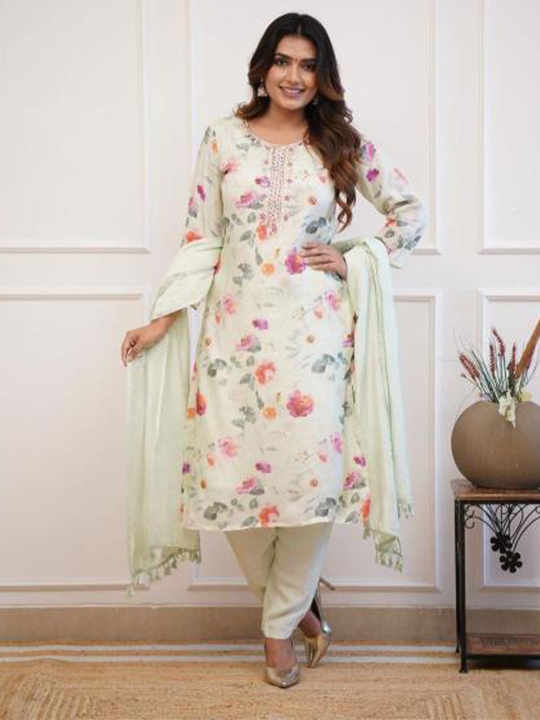 

Fashion Basket Floral Printed Gotta Patti Straight Kurta With Pyjamas & Dupatta, Cream