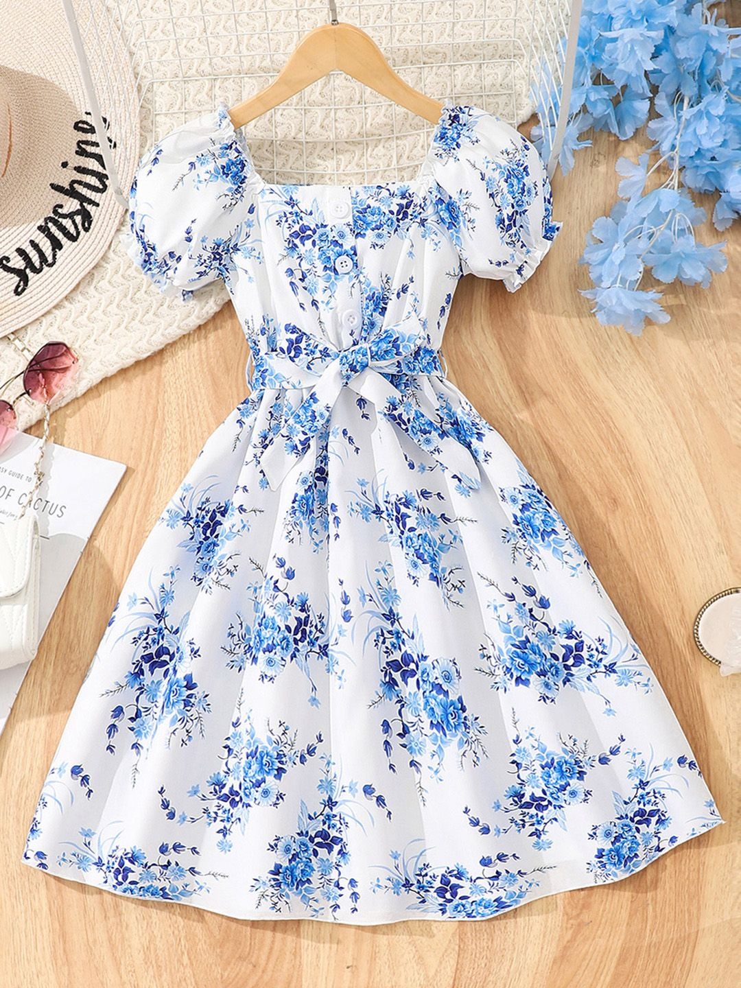 

INCLUD Girls Floral Print Square Neck Puff Sleeve Fit & Flare Dress, Blue