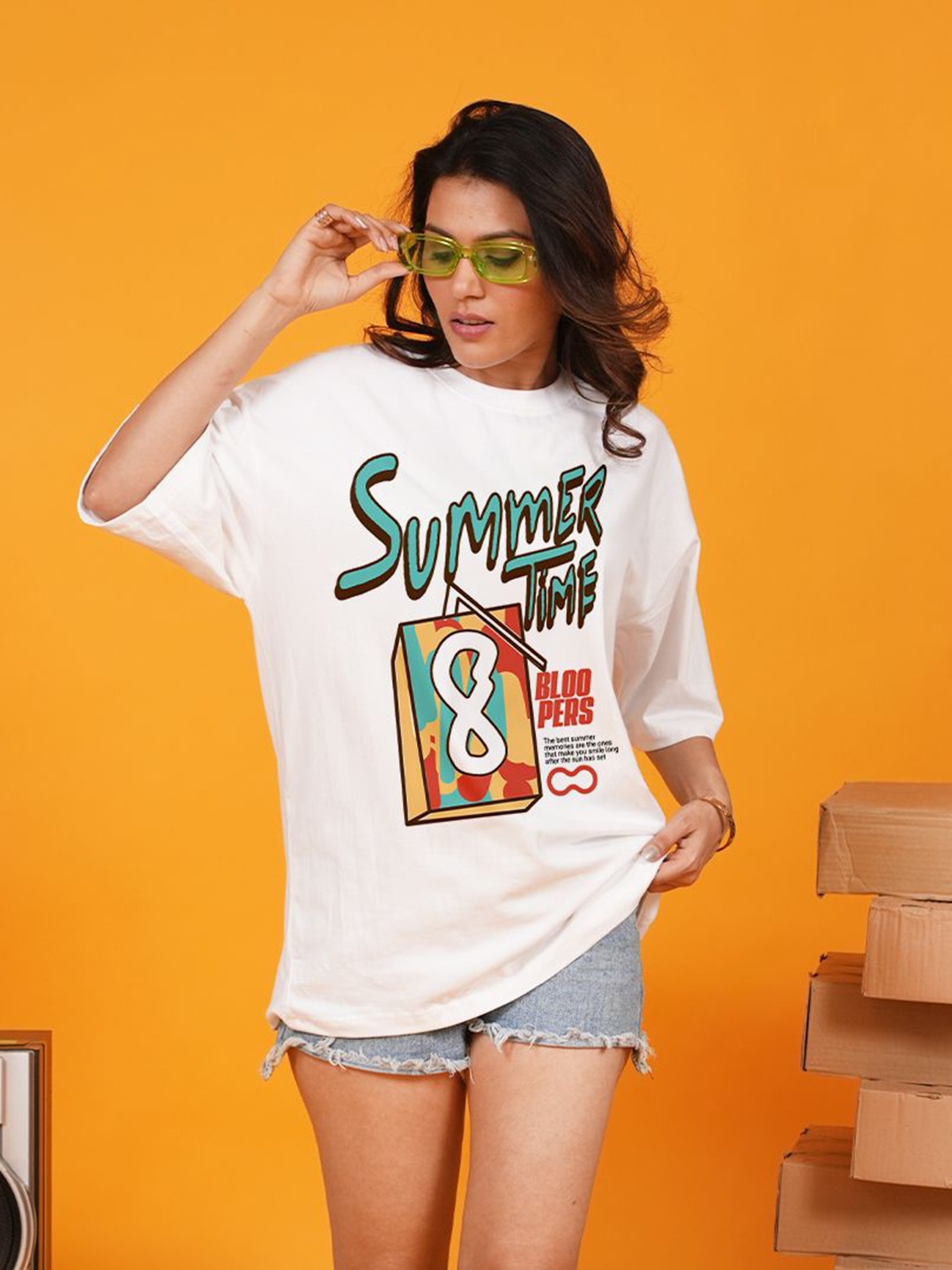 

Bloopers Store Women Typography Printed Round Neck Cotton Oversized T-shirt, White